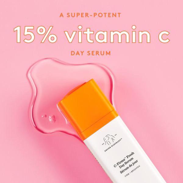 A bright, high-contrast, square ad creative showcasing a Vitamin C serum bottle with clean, bold typography and product-focused imagery.